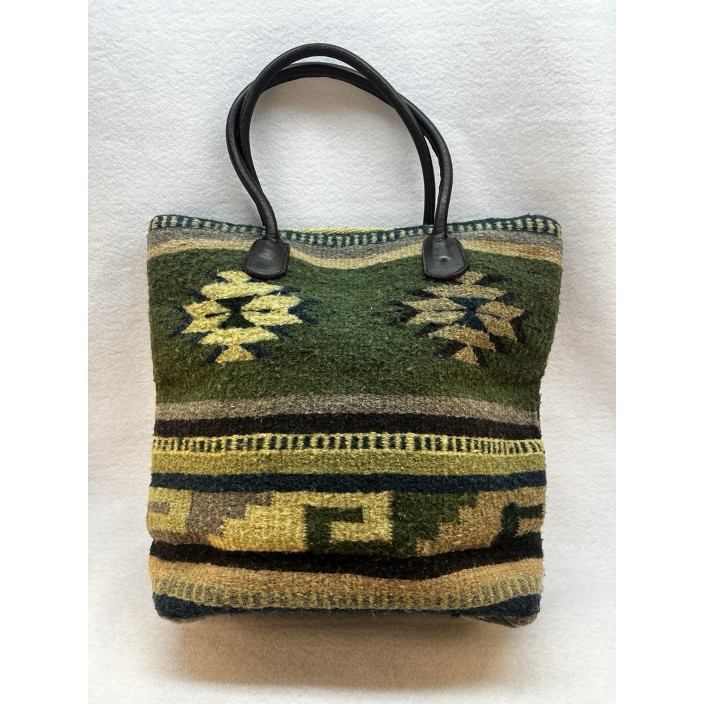 Hand Woven Green Wool Boho Southwest Leather Trim Bucket Bag Purse- Unbranded